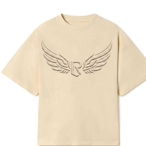 Camiseta Oversize para Hombre con Alas en Relieve y Logotipo R en el Frente, Manga Corta, Casual, Tejida, Cuello Redondo, Beige - Product Image 2