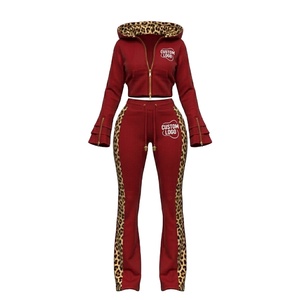 Women's <b>Red</b> Leopard Trim Tracksuit Set Custom Logo Hooded <b>Crop</b> <b>Top</b> Full Length Pants Casual Autumn Wear - Product Image 3