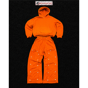 Conjunto de Sudadera con Capucha Oversize Naranja para Hombre, Estilo Urbano Personalizado, Sudadera con Botones a Presión y Pantalones de Pierna Ancha, Ropa Deportiva al por Mayor - Product Image 5