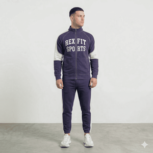 REX FIT SPORTS Men's Full Zip Tracksuit Set Navy <b>White</b> Letter Print 100% Cotton Regular Fit Autumn Sportwear <b>Jogger</b> Outfit - Product Image 1