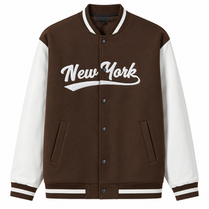 แจ็คเก็ตวาร์ซิตี้ปักลายนิวยอร์กสำหรับผู้ชาย สีน้ำตาล แขนสีขาว เสื้อโค้ทลำลองสำหรับฤดูใบไม้ร่วง ปกคอพับ ทรงปกติ ขายส่ง - Product Image 2
