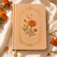 LABON Journal de luxe en cuir végétalien texturé, motif abricot, marigold et lune, avec estampage à chaud doré céleste, collection Récolte d'automne chaleureuse