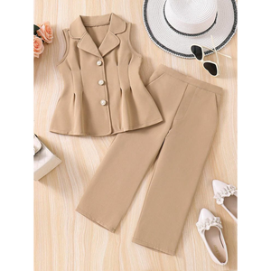 Ensemble Blazer sans Manches à Volants et Pantalon Droit pour Filles, Vert Sauge, 2 Pièces, Tenue Formelle Gilet et Pantalon pour Enfants - Product Image 2