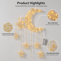 Décoration murale en forme de croissant de lune doré pour l'Aïd du Ramadan avec six étoiles perlées, à LED à piles, modèle MS618, pour la vente en gros