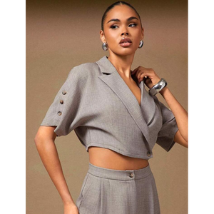 The Heirloom <b>Linen</b> Blend Cropped Blazer & Cargo Trouser <b>Set</b> a cropped short sleeve blazer featuring a sophisticated notched - Product Image 6