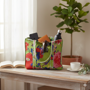 Vibrant Floral Quilted Cotton <b>Medium</b> Tote <b>Bag</b> Red White Stripes Tropical Palm Print Long Handle Travel Daily Use <b>Bag</b> - Product Image 4