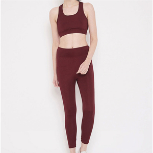 Ensemble de yoga bordeaux pour femme, legging taille mi-haute et crop top dos nageur, sans couture, respirant, deux pièces, sportswear, longueur intégrale, couleur unie sur le devant - Product Image 1