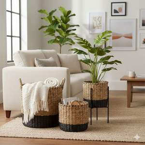 Ensemble de 3 paniers noirs en écorce de bananier, artisanat en plastique recyclé - Product Image 3