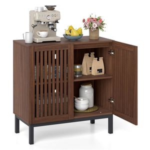 32" Farmhouse Buffet <b>Sideboard</b> Cabinet with 2 Doors Solid Wood Storage in <b>Walnut</b> & Black - Product Image 1