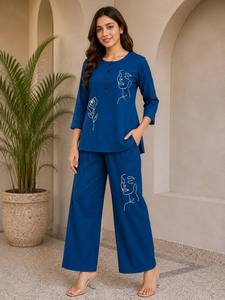 Ensemble Kurta en coton bleu pour femme, motif dessiné à la main, coupe ample, longueur cheville, tenue décontractée ethnique style Inde Pakistan, toutes saisons - Product Image 1