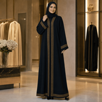Abaya noire tricotée sur mesure pour femmes, broderie dorée en treillis, devant ouvert, manches longues, tenue modeste musulmane du Moyen-Orient, OEM