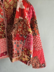 Vintage Patchwork <b>Quilted</b> Jacket Mandarin Collar Cotton Bamboo Fiber Unisex Autumn Loose Fit <b>Single</b> Button Red Patterned Design - Product Image 3