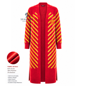 Cárdigan largo abierto para mujer NSPDK Sorority, rojo con rayas doradas, puños acanalados, suéter tipo duster bordado con aberturas laterales - Product Image 2