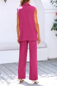 Women's Sleeveless <b>Blazer</b> <b>Set</b> Loose Fit Wide Leg Pants Two Piece Suit Solid Color Casual Spring Summer Pink Woven Fabric - Product Image 5