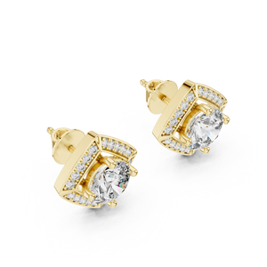 Boucles d'oreilles clous en or jaune 14 carats avec halo carré de diamants, taille brillant rond central, bijoux de luxe géométriques pour femme - Product Image 3