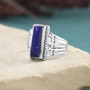 Geometric <b>Lapis</b> <b>Lazuli</b> Rectangle Cabochon 925 Silver <b>Ring</b> Bezel Setting Classic Style Unisex Everyday Wear Gemstone <b>Ring</b> - Product Image 2