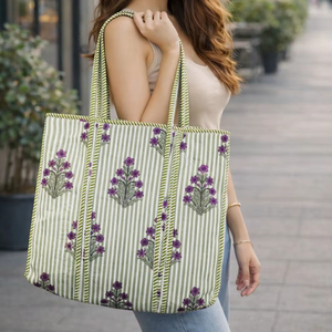 กระเป๋าโท้ทใบเล็กพิมพ์ลายบล็อกสำหรับผู้หญิง กระเป๋าถือสำหรับช้อปปิ้ง ไปเที่ยวทะเล ใช้ในชีวิตประจำวัน กระเป๋าถือแบบอินเดียดั้งเดิม สวยงาม หรูหรา - Product Image 1