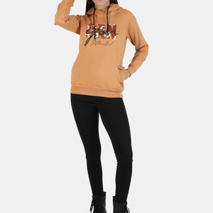 Women's Solid <b>Orange</b> Hooded Sweatshirt Floral Letter Print Full Sleeve Polyester/Cotton <b>Fleece</b> Knitted Winter Wear Front Logo - Product Image 1