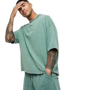 T-shirts décontractés pour hommes fabriqués au Pakistan, best-sellers, coupe ample, col rond, motif uni, effet délavé. - Product Image 1