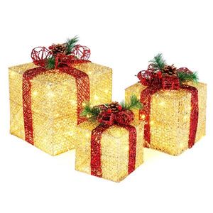 Lot de 3 boîtes cadeaux dorées pour décoration de jardin, cordon d'alimentation de 5 m avec prise US pour lumières de Noël (10 pouces, 8 pouces, 6 pouces) - Product Image 1