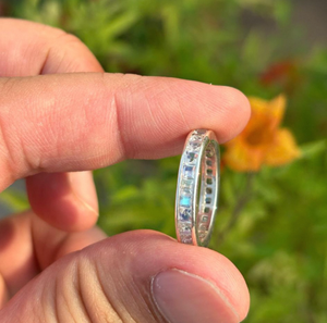 Rainbow Moonstone Eternity Band Sterling Silver Princess Cut Stackable <b>Ring</b> Minimalist Wedding Jewelry - Product Image 2