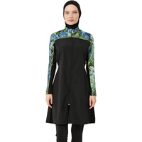 Burkini Tesettür Mayo Müslüman Muhafazakar Kadınlar İçin Yüksek Bel Kesimli Yuvarlak Yaka Baskılı Uzun Kollu 2 Parça Takım