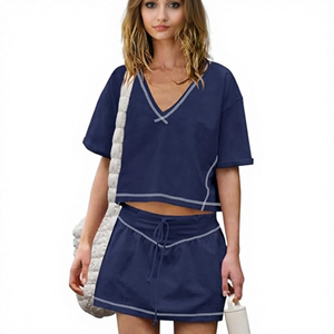 Ensemble deux pièces pour femmes, bleu marine, manches courtes, col en V, rayé, extensible, coupe ample, vêtements décontractés d'été, tissu tissé - Product Image 6