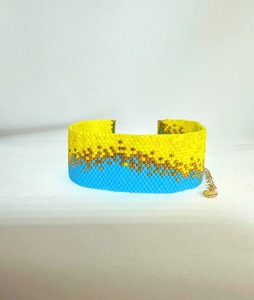 Handmade Beaded Cuff Bracelet Blue Yellow Gold Pattern Fashionable Artisan Jewelry Promotional Novelty <b>Gift</b> - Product Image 2