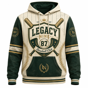 Sweat à capuche Legacy Nine Baseball Club pour homme, pull-over avec impression par sublimation, protection UPF 50, vêtements de sport, design vert crème, taille adulte - Product Image 1