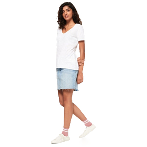 T-shirt en jersey de coton blanc à col en V et manches courtes pour femme, coupe classique, couleur unie, respirant, idéal printemps-été - Product Image 3