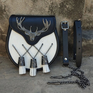 <b>Stag</b> <b>Head</b> Kilt Sporran Highland White Fur and Leather Sporran with 3 Tassels Pouches and Bags - Product Image 1