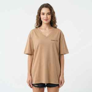 Women's Light <b>Brown</b> V-Neck Short <b>Sleeve</b> T-Shirt Loose Fit 100% Cotton Casual Jersey Logo <b>Top</b> Spring Summer Wear - Product Image 3