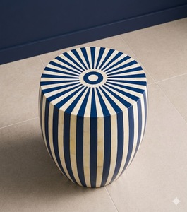 Modern Blue <b>White</b> Striped Wood Bedroom Furniture Side <b>Table</b> Carved Accent Stool Living Room Kitchen Nightstand - Product Image 3