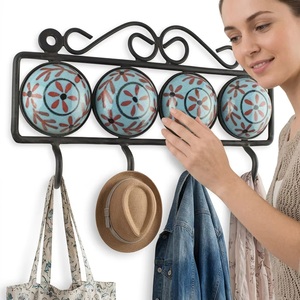 Rustic Metal <b>Wall</b> <b>Hook</b> <b>Rack</b> with 4 <b>Hooks</b> and Floral Ceramic Tiles for Home Decor - Product Image 4