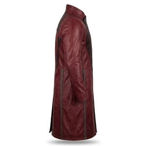 Gabardina de Cuero Genuino para Hombre, Color Borgoña, con Paneles Curvos Personalizados, Cierre Asimétrico, Cuello Alto, Abrigo Largo, Fabricante - Product Image 3