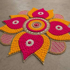 Tapis Rangoli floral fait main rose et jaune avec pompons, décoration de sol pour mariage Diwali avec bordure en perles et miroirs, décoration Diwali - Product Image 1