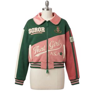 <b>Pink</b> Green Color Block <b>Jacket</b> Women Button Front Graphic Casual Fashion Outerwear Soror Style Varsity Inspired <b>Jacket</b> Apparel - Product Image 2