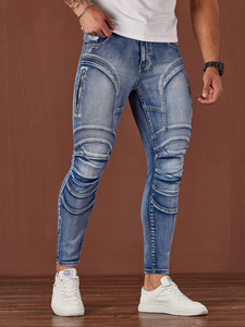 กางเกงยีนส์ผู้ชายสไตล์ยุโรปแบบวินเทจสีน้ำเงินขาดๆ ดีไซน์ทันสมัย ทรงสลิมฟิต ยืดได้ ขาตรง - Product Image 6