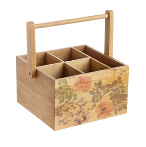 Organisateur de cuisine contemporain en bois durable avec motif floral peint à la main, multifonctionnel pour couverts et épices - Product Image 1