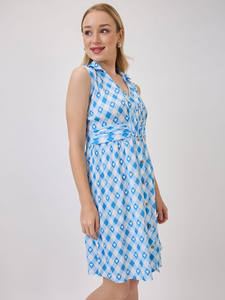 Vestido Formal Azul con Estampado Floral, Corte en A, Cuello en V, Sin Mangas, Largo Midi, Dobladillo Acampanado, Tela Georgette, Ecológico, Natural, para Mujer - Product Image 4