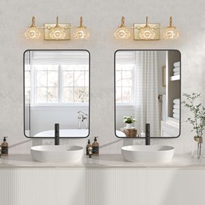 17\" Modern <b>Crystal</b> Bathroom Vanity <b>Light</b> Elegant Wall Mount Lighting with 3 Golden Wall Sconce Clear Glass <b>Shades</b> - Product Image 1