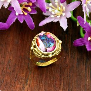 Kingman Pink Dahlia Turquoise Bezel Setting Fancy 18K Gold Vermeil Leaves Luxury Women's <b>Statement</b> Band Handmade <b>Ring</b> - Product Image 3