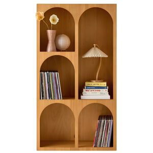 Estantería Moderna de Madera de Teca Estilo Japandi, Nicho Arqueado Asimétrico, Organizador de Biblioteca, Estante de Almacenamiento sin Puertas - Product Image 1