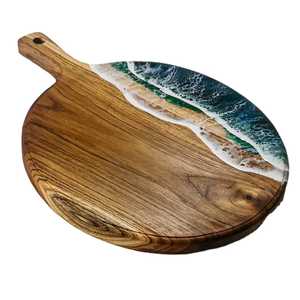 Planche à découper carrée en acacia bleu vague océanique avec trou, plateau de service pour charcuterie et fromages, bloc de découpe de cuisine, compatible lave-vaisselle - Product Image 3