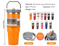Gobelet de voiture portable 30oz au design moderne, en acier inoxydable 304, thermos sous vide, avec couvercle en silicone et paille en PC, idéal pour les voyages