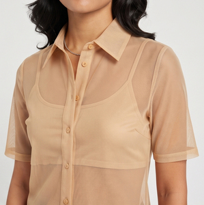 Camisa transparente de manga corta con botones para mujer, cuello vuelto, top transparente para oficina, ropa de dormir sexy para primavera y verano, camisas transparentes para mujer - Product Image 3