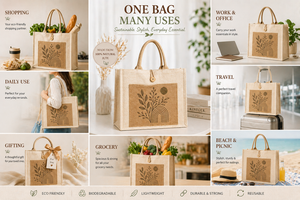 Bolsa de Yute Laminada Personalizada AMANI con Bolsillo Frontal y Cierre de Botón, Tamaño Mediano, Ecológica, Reutilizable, para Compras y Promociones - Product Image 3