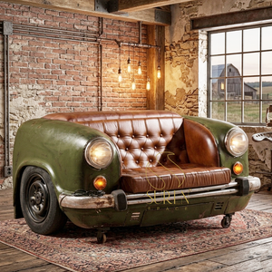 Sofá Industrial Rústico Retro Color Verde Militar con Asientos de Cuero y Estructura de Hierro con Espacio de Almacenamiento - Product Image 1