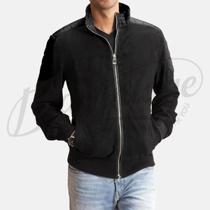 Chaqueta Bomber Negra para Hombre de Gamuza Genuina con Paneles de Cuero Acolchado en los Hombros y Ribete Acanalado - Product Image 6
