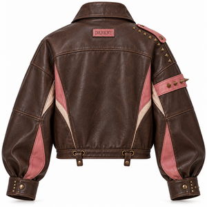 Oferta del Fabricante: Chaqueta Bomber de Cuero Genuino Marrón para Mujer con Diseño Gráfico Vintage de Mapache y Tachuelas, OEM/ODM - Product Image 2